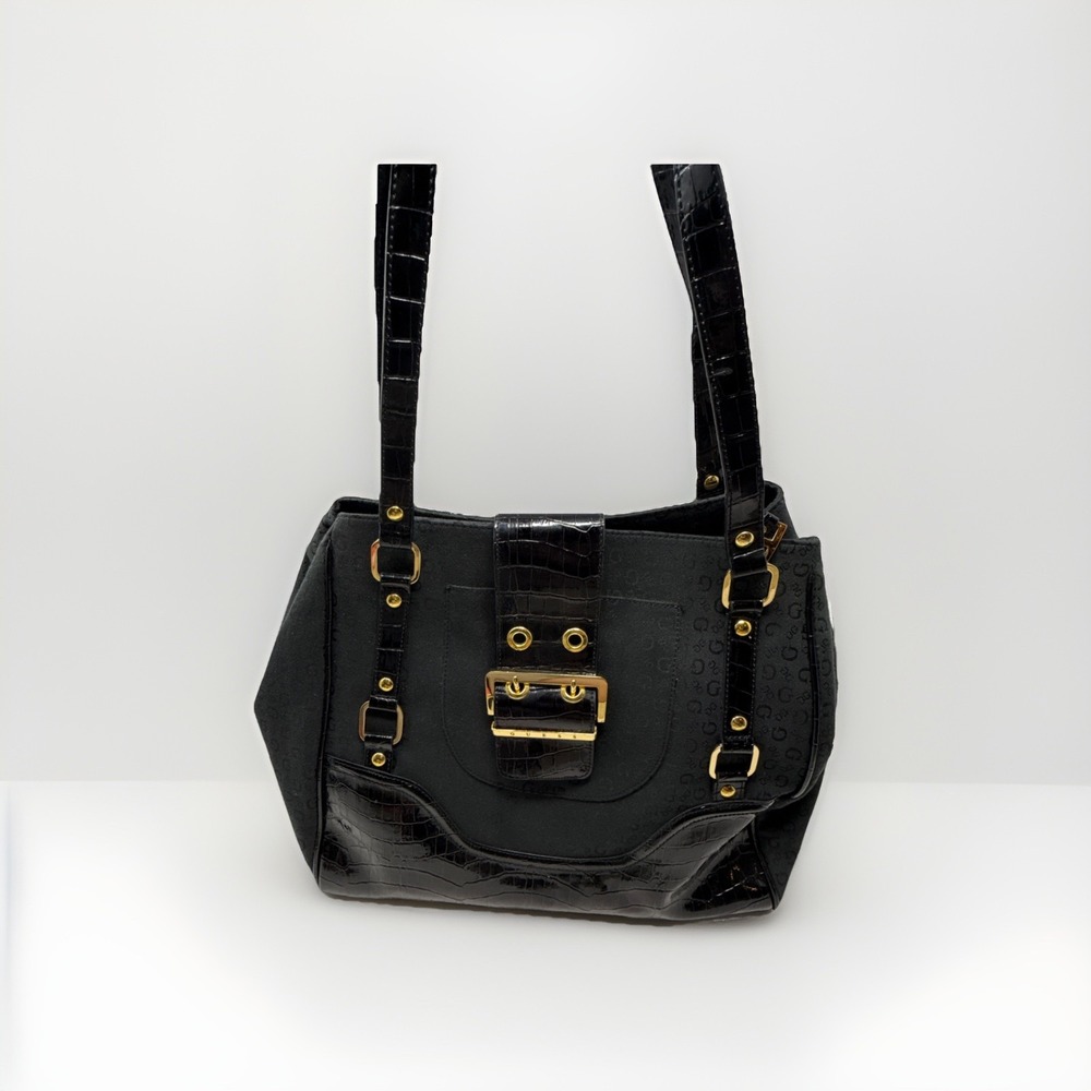Guess Black Monogrammed Shoulder Bag Buckle Detail Faux Croc Trim Satchel‎ Y2K